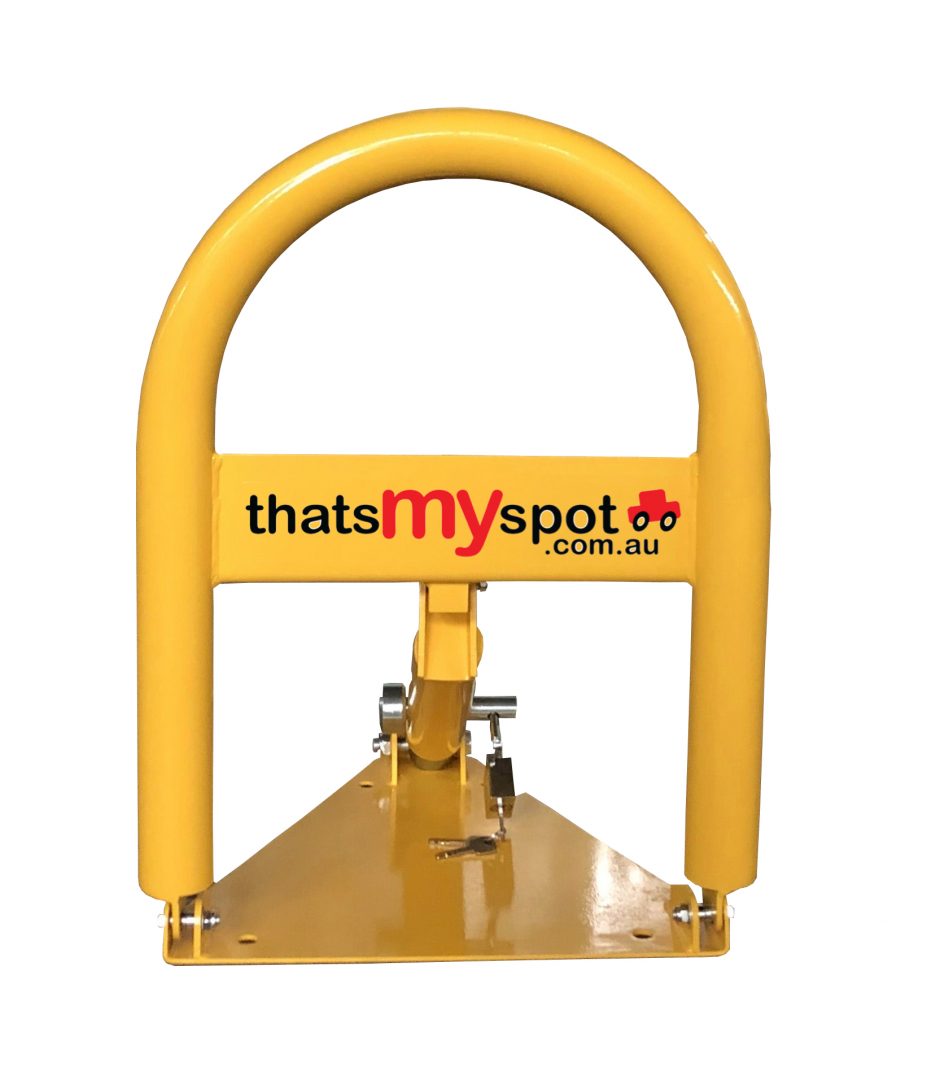thatsmyspot Manual Folding Parking Bollard upright with padlock front view for visitor parking and commercial parking and industrial parking and hotel parking