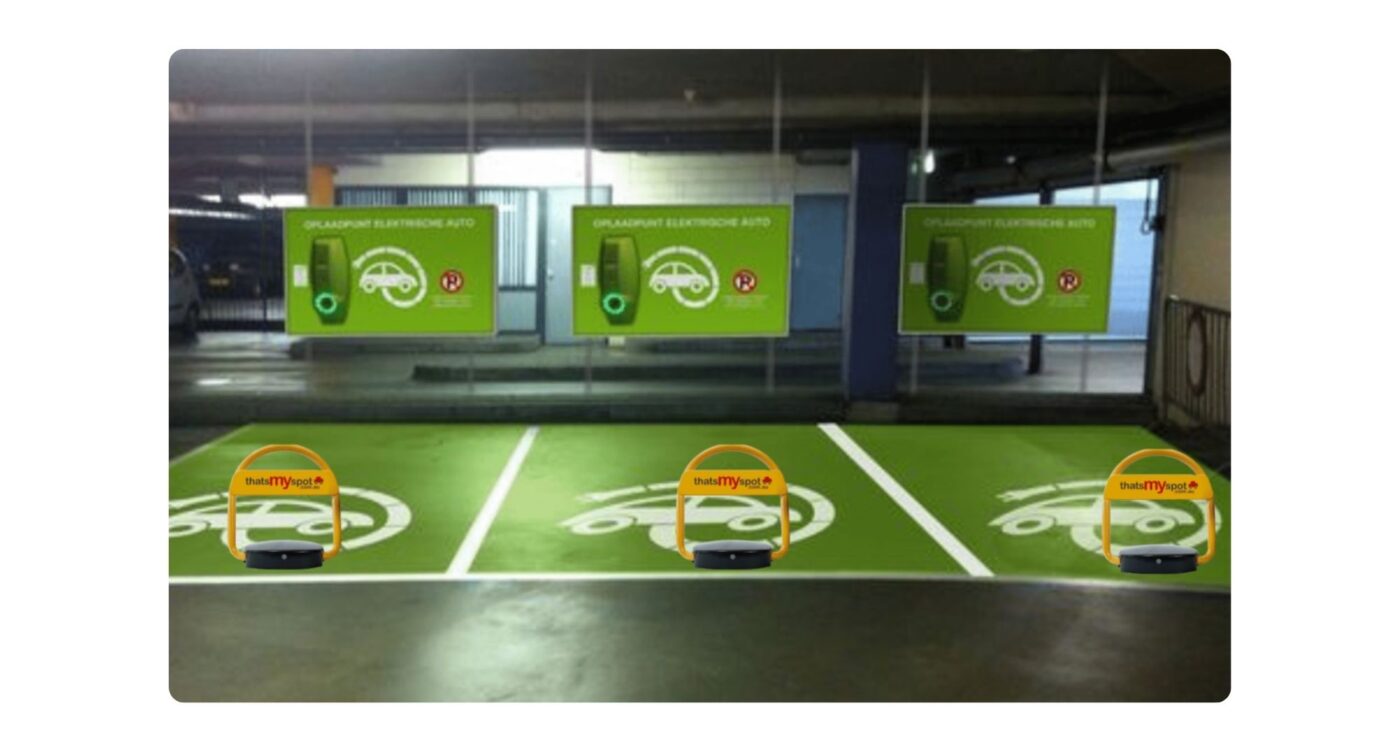 thatsmyspot remote control parking bollards installed in Wilson Parking ev charging bays in Melbourne to stop ICEIng and unauthorised parking with yellow car
